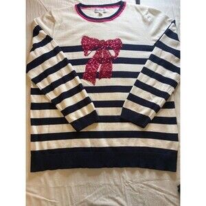 Kim Rogers Intarsia Stripe Crewneck Sweater Sequin Bow Graphic White Blue XLarge